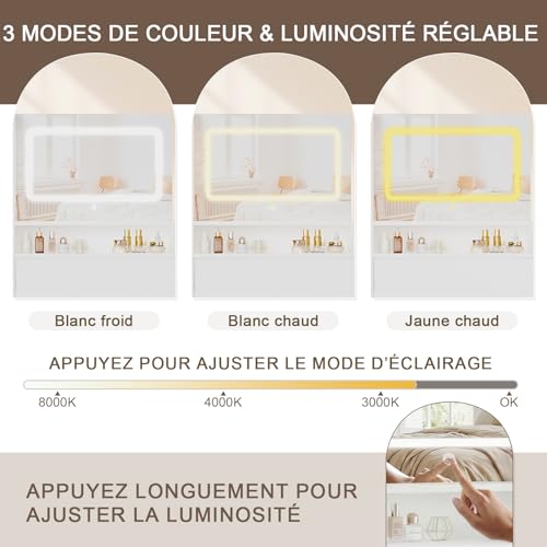 JUMMICO Schminktisch mit Beleuchtung und Spiegel, Weißer Kleiner Schminktisch mit Schubladen & LED-Spiegel, Moderner Frisiertisch mit Stauraum für Make-up, 90 x 58 cm