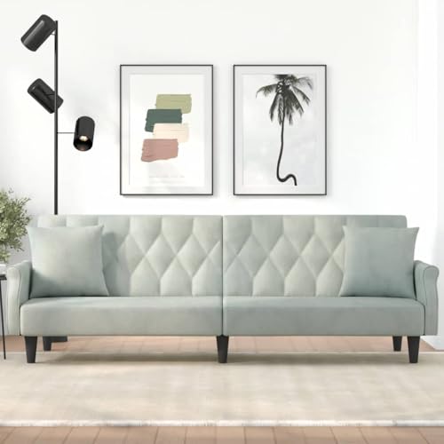 sephironlbb Sofá cama con reposabrazos, terciopelo gris claro, 216 x 89 x 70 cm, con función de sueño, cojines y marco de madera contrachapada resistente, para salón, habitación de invitados, salón