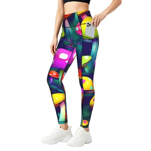 Legging de sport avec poches femme taille haute Bright Mushrooms anti glisse