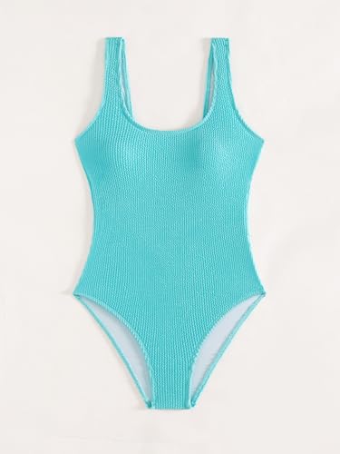 Image of Limeeke Women One Piece Swimsuit Solid Ribbed Monokini Swimwear Scoop Neck Low Back Bathing Suit