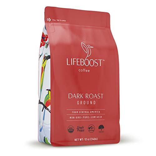 Lifeboost Coffee Dark Roast Ground Coffee - Low Acid Single Origin USDA Organic Coffee - Non-GMO Ground Coffee Beans Dark Roast Third Party Tested For Mycotoxins & Pesticides - 12 Ounces