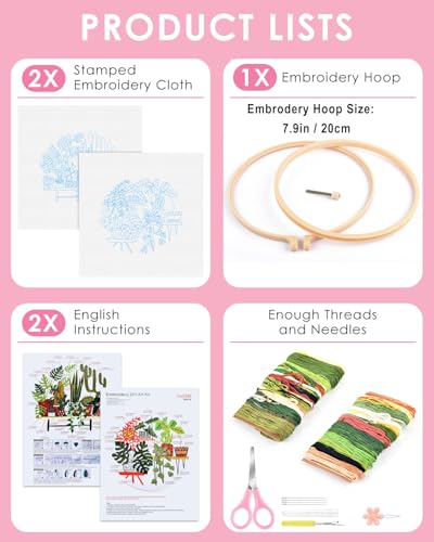 Image of TINDTOP Embroidery Kit for Adult, Embroidery Kit for Beginners | Include Embroidery Cloth Hoops Threads for Craft Lover Hand Stitch with Embroidery Skill Techniques (Cactus)