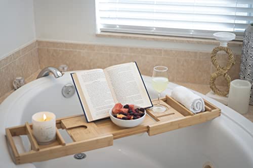 Willocroft Bamboo Bathtub Tray – Expandable Bath Tray With Stand For Book & Tablet – Bathtub Caddy With Holder For Mobile & Wine Glass – Bath Tray With Leather Handles For Luxury Spa, Hotel & Home #TOP2