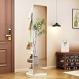 360° drehbarer Ganzkörperspiegel mit Garderobe und Aufhängerhaken, 2-in-1-Standspiegel mit offenen Regalen, stilvoller Nizer für Wohnzimmer, Schlafzimmer, Garderobe