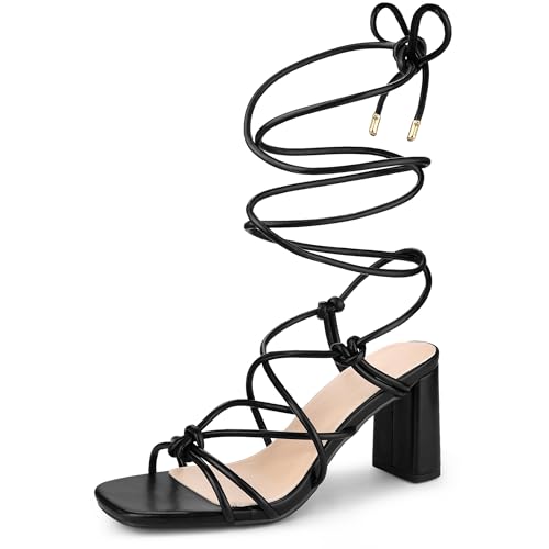 Perphy Strappy Heels Knots Square Toe Block Heel Lace Up Sandals for Women