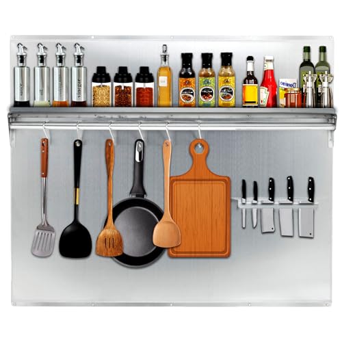 30 in x24 in Stainless Steel Range Backsplash for Stove Hood - Wall Mount Kitchen Back Panel with Storage Shelf & Knife Rack - Install with Pre-Drille