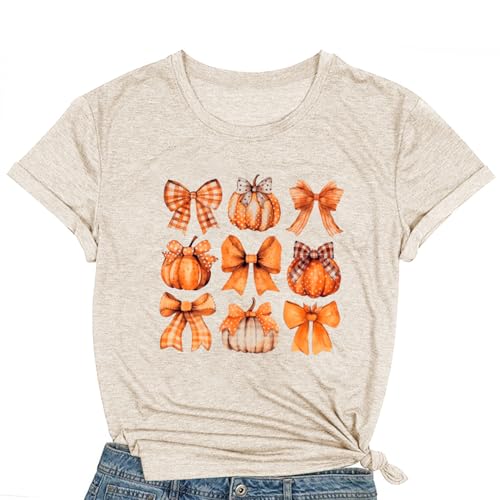 Women Halloween Pumpkin Shirt Coquette Bow Pumpkin Print T-Shirt Halloween Fall Tee Tops