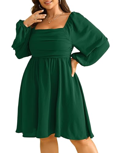 RWJ Womens Long Sleeve Mini Dress 2025 Fall Elegant Square Neck A Line Ruched Smocked Wedding Guest Party Plus Size Dresses
