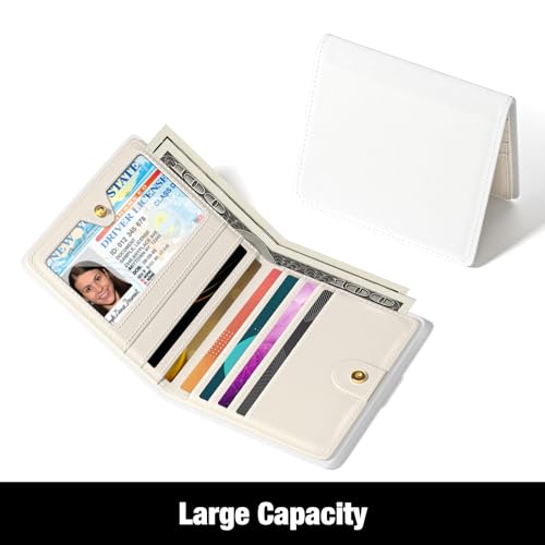Image of Rouidr Womens Wallet, RFID Small Slim Wallet for Women, Cute Bifold Leather Pocket Credit Card Holder Ladies Mini Purse with Zipper Coin Pocket & ID Window, White