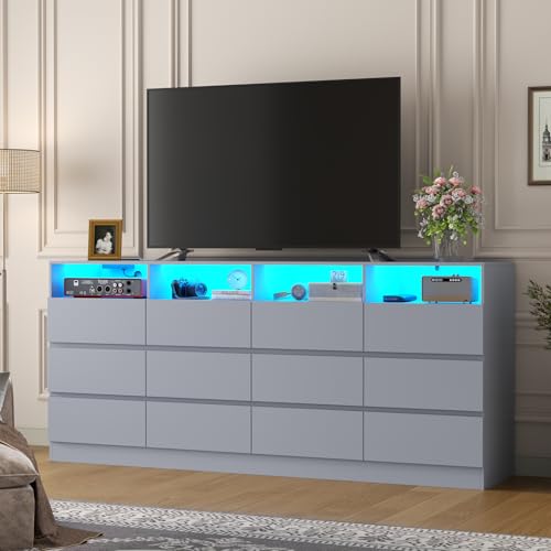 Image of Loomie 12-Cell Divided Drawers Grey Dresser with Charging Station & Led Lights for Bedroom, Long 63 inch Wide Dresser TV Stand for TVs up to 75 inch, Large Dressers Organizer with 4 Open Cubbies