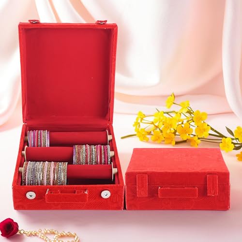 Image of Kuber Industries Pack of 2 Removable 3-Rod Bangles Organisers Storage Box with Magnetic Lock | Wedding Jewellery Organizer Case with Handle & Bangles Box for Women | Floral Print - Red