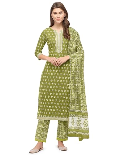 Image of MIRCHI FASHION Pure Cotton Straight Kurta Set with Dupatta | 3 Piece Ethnic Kurta Pant Set Office Wear Salwar Kurta Set for Women