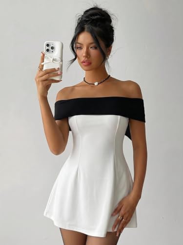 Image of SOLY HUX Women's Bow Off the Shoulder A Line Wedding Guest Mini Dress