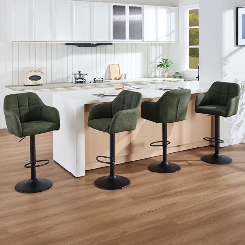Butacos ajustables de barra, juego de 4 unidades, taburetes giratorios con respaldo y brazos, altura regulable de 24'' a 33'', tapizados en cuero sintético, estilo moderno para cocina, bar o comedor, color verde