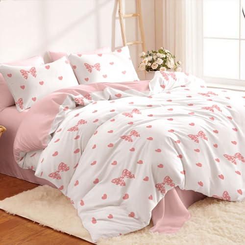 Freyamy Schleife Bettwäsche 135x200 Rosa Weiß Schleifen Herz Bettwäsche Set – Ansicht 2