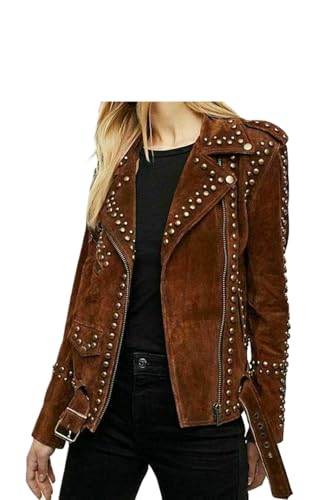 Women's Genuine Suede Leather Western Fashion Studded Jacket Brown Vintage Retro Style Jacket
