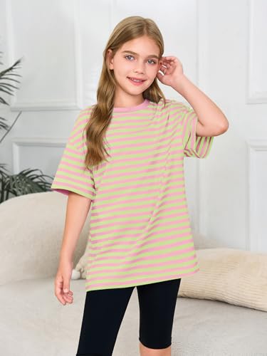 Image of Haloumoning Girls Striped Short Sleeve T Shirts Kids Summer Oversized Tops Casual Crewneck Tees 5-14 Years