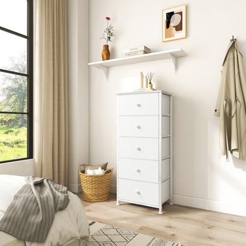 REAHOME Dresser for Bedroom with 5 Drawers, Faux Leather Chest of Drawers, Sturdy Steel Frame, Wood Top, Large Capacity Organizer Tower for Living Room, Entryway, Office, Leather White - Thumbnail 2
