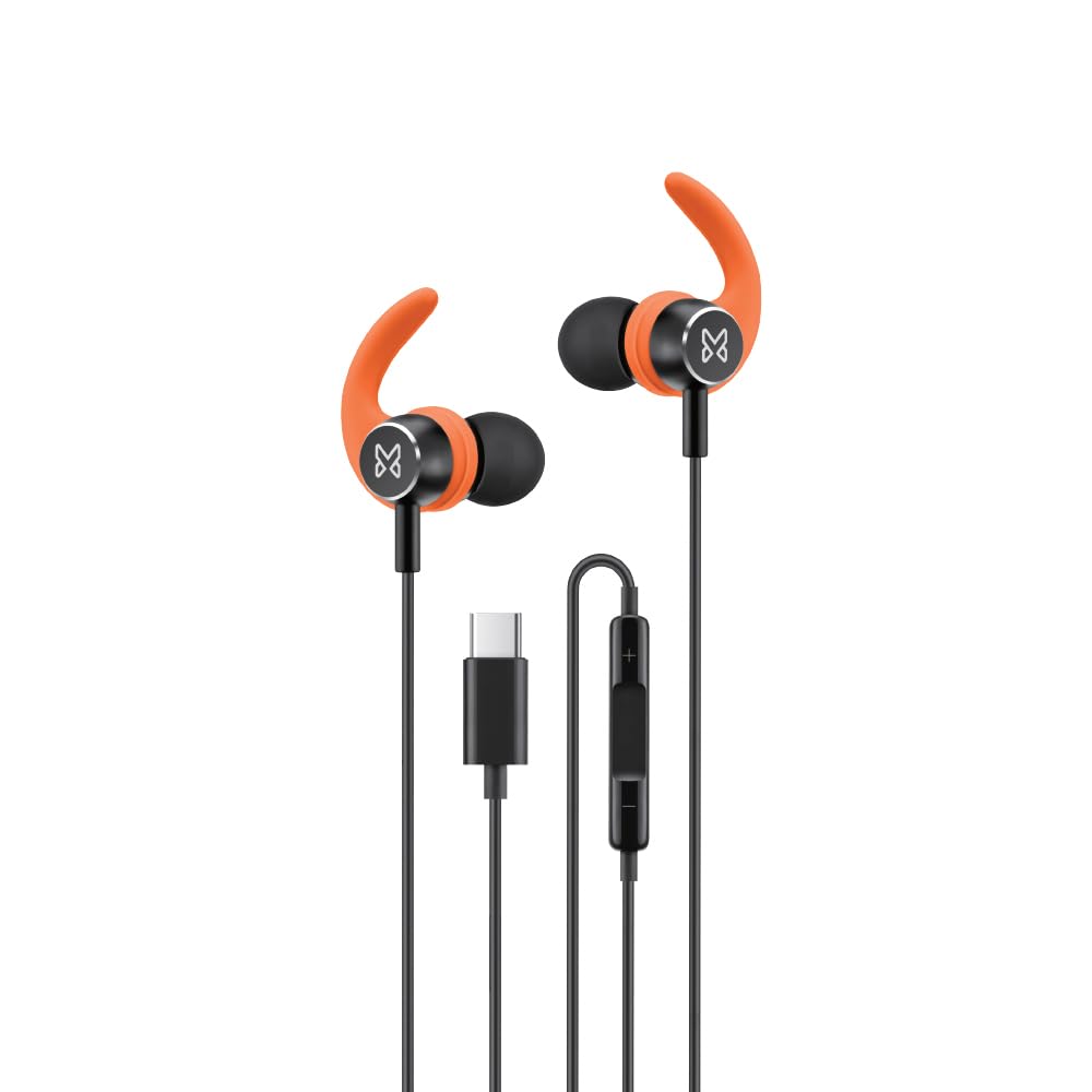 Maxelon Epic Wired Earphones with Type C Plug, Orange | Magnetic Metal Earbuds, Ear Fins, Inline Control, Voice Mic Cable-picture-18