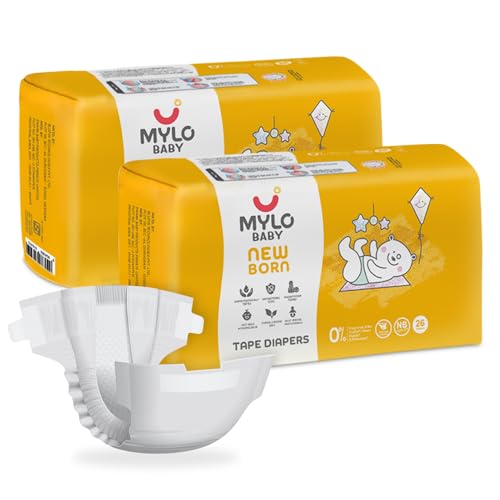 Image of Mylo Baby Tape Diaper Newborn (NB) Size Upto 5 kg Babies (52 Count) Leak Proof | Lightweight | Rash Free | Upto 12 Hours Protection | ADL Technology | with Zinc Oxide Layer