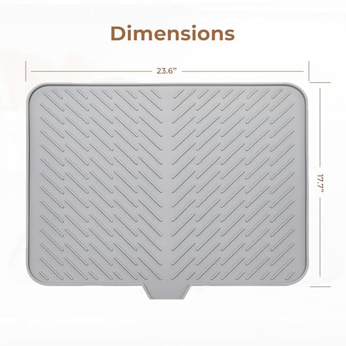 Image of HomeEssentials Silicone Dish Drying Mat for Kitchen - Built-in Drain Lip | Hygienic Drying Pad - Sturdy Compact Easy to Clean Tray Protects Surfaces Prevents Water Build Up - 23 X 17 Inches (Grey)