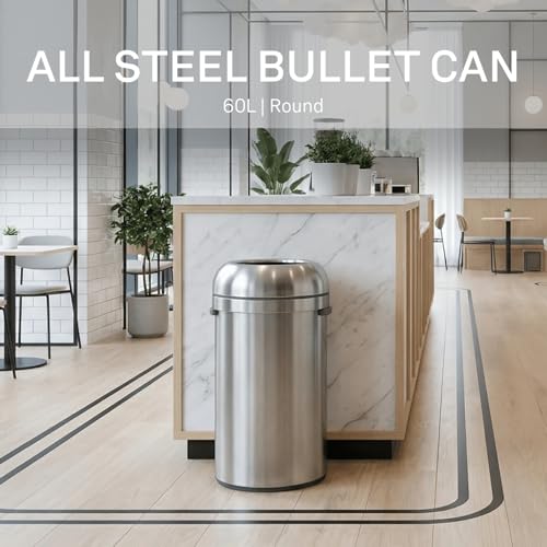 Image of simplehuman All Steel Bullet Can, 60L / 16 Gallon Premium Commercial Trash Can for Hotels, Museums, Galleries, Upscale Spaces, Heavy Gauge Steel, ADA-Compliant, Brushed Stainless Steel
