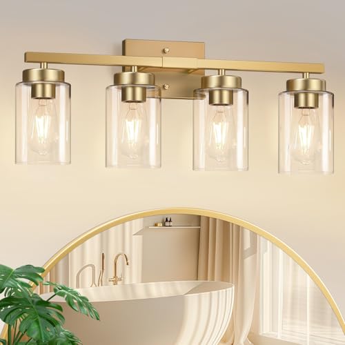 IZORRO Modern Bathroom Light Fixtures 4 Light Brushed Gold Vanity Lights Bathroom Lighting Fixtures Over Mirror with Clear Glass for Living Room Cabinet Bedroom