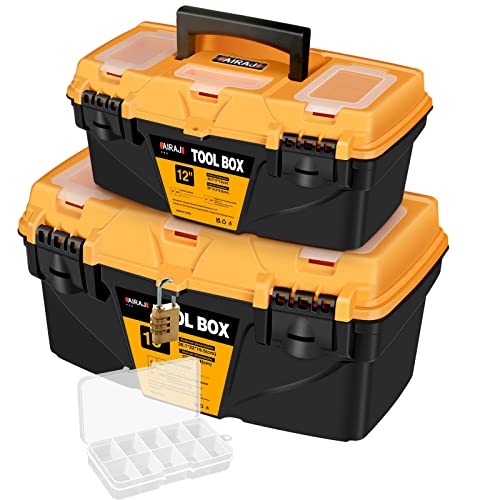 AIRAJ PRO Portable Plastic Tool Boxes Set,12-inch Small Tool Box with Removable Tray & 15-inch ToolBox with MINI Storage Box,Portable Storage Boxes with Dual Lock Secured, Yellow Toolboxes for Home
