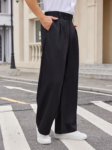 OYOANGLE Men's Pleated High Waist Wide Leg Pants Loose Fit Casual Pants with Pocket4