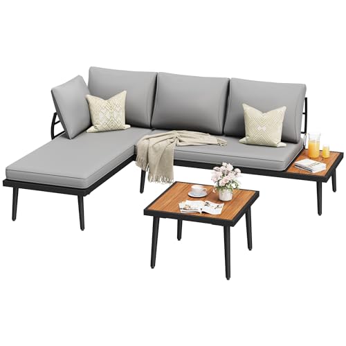 Image of Greesum Outdoor Sectional Sofa Set L-Shaped Metal Patio Furniture with All-Weather Cushions and Built-in Side Coffee Table for Garden, Lawn, Backyard, Poolside, Gray