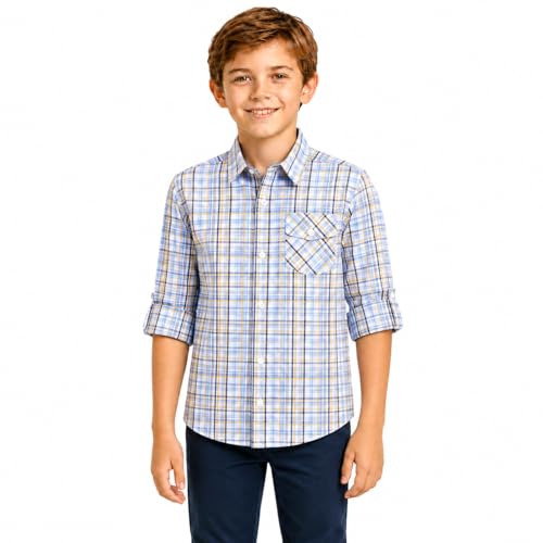 Bienzoe Plaid Gingham Boys Shirts: Picture Day Size 7/8 Yellow Blue