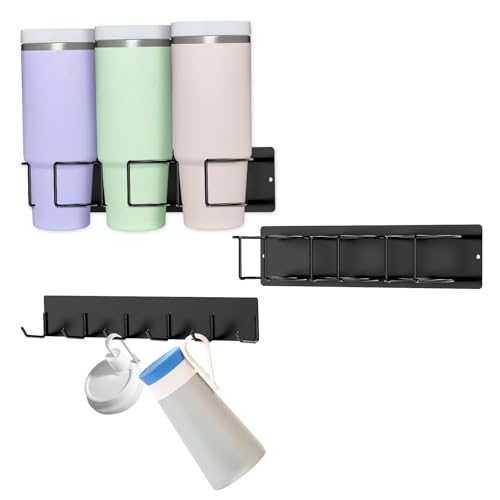2Pcs Magnetic Tumbler Holder, Magnetic Cup Storage Rack for Fridge with Hooks, 34X11X8CM Carbon Steel Water Bottle Organizer, Tumbler Lid Organizer for Cup Accessories (with Horizontal Hook)
