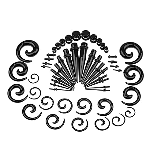Memsion Ear Stretching Kit Gauges For Ears 54 Pieces 14G-00G Ear Gauges Expander Set Acrylic Ear Spiral Tapers And Plugs Body Earring Piercing Kits Black Color #TOP7