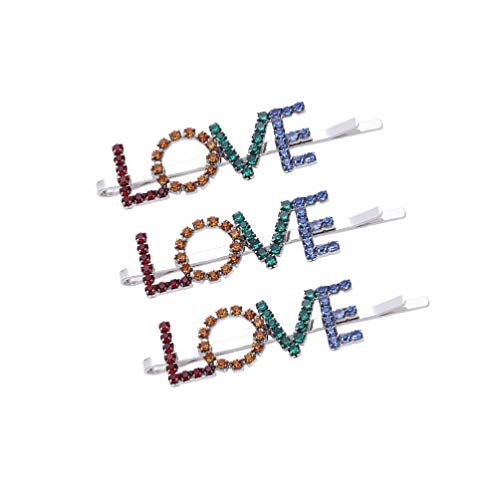 Pixnor 3 peças grampos de cabelo para palavras, strass colorido amor inglês, grampos de cabelo, gram