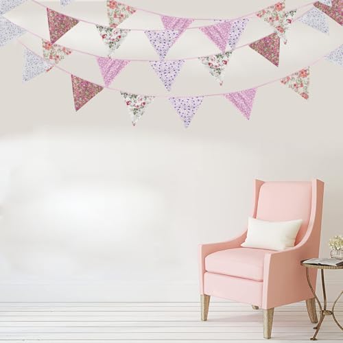 Image of Zwiebeco 32Ft Pink Purple Rustic Floral Fabric Pennant Banner Triangle Flags Cotton Retro Flowers Bunting Party Decorations for Birthday Engagement Wedding Spring Vintage Village Home Garden Decor