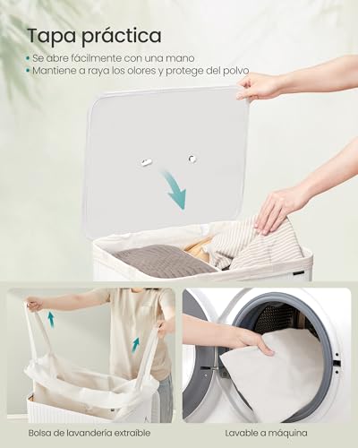 Cesta de lavandería de bambú blanco premium SONGMICS con tapa y compartimentos dobles 5