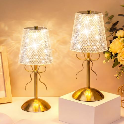 Image of Liliful 2 Pcs Cordless Table Lamp Rechargeable Touch LED Small Gold Portable Battery Operated USB-c Desk Lamp 3 Color Dimmable for Bedroom Living Room Dining (Gold,Crystal Cut Style Bow)