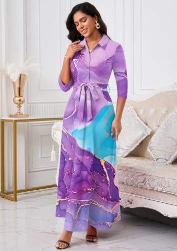 Image of Rumwind Maxi Dresses for Women, 3 /4 Sleeve Shirt Collar Casual Afircan Print Church Dress Button Down with Belt and Pockets