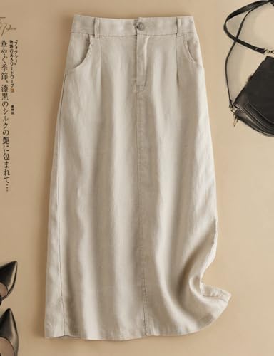 Idealsanxun Linen Skirts For Women 2024 Casual Spring Summer High Waisted Aline Midi Skirt With Pockets thumb #1