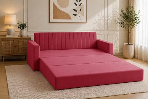 Image of Modern Velvet 3-Seater Sofa Cum Bed with Armrest, Convertible Sleeper Couch Sofa for Living Room, Bedroom & Office-Red