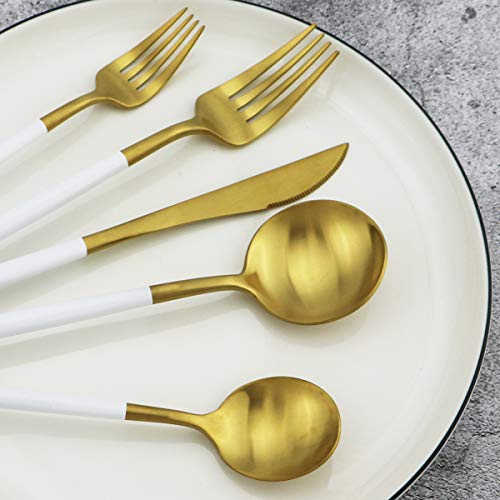 Gugrida 20-Piece 18/10 Stainless Steel Flatware Silverware, Luxury Dinnerware Set Travel Cutlery Tableware Include Knife Fork Spoon Service for 4, Dishwasher Safe (White Handle Matte Gold) by Gugrida - Used condition - Image 6