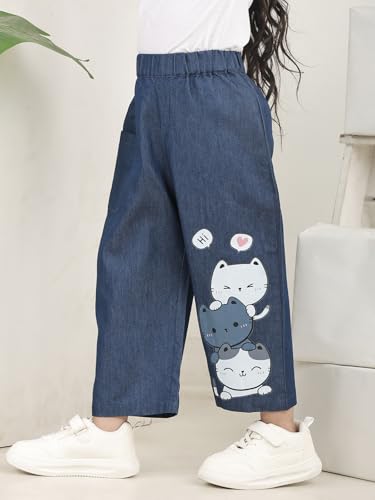 Image of superminis Girls Denim Jeans | Stretchable Blue Cat Print Jeans for Girls 3-10 Years | Soft Comfortable Kids Denim Pants for Casual