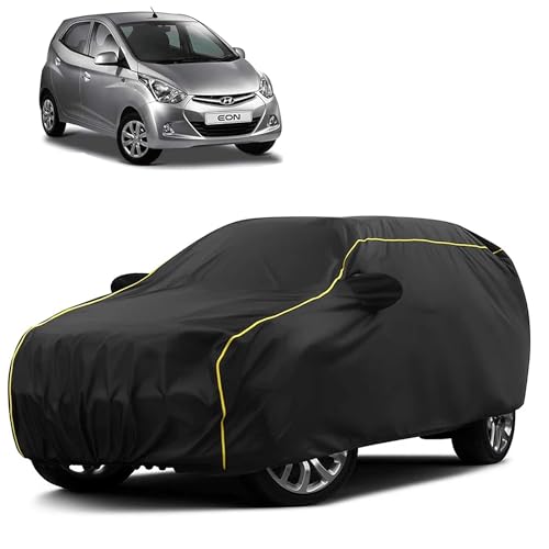 Image of Sulfar 100% Water Resistant Car Body Cover Compatible with Mirror for Hyundai Eon (Triple Stitched, Full Bottom Elastic, Black Taffeta with Yellow Piping)