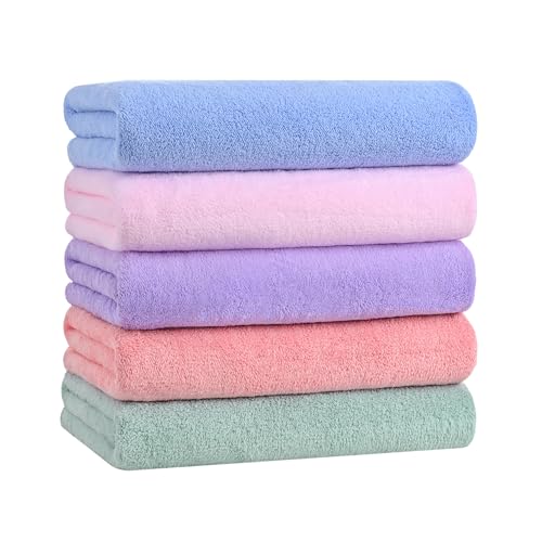 バスタオル マイクロファイバー 大判 60*120cm 5枚セット ふわふわ 柔らかい肌触り 高速吸水 速乾 耐久性 抗菌防臭 (5色)