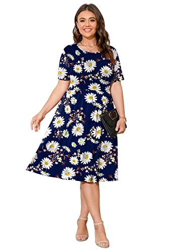 Image of POSESHE Womens Plus Size Summer Dress 2026 Casual Short Sleeve Empire Waist Loose Fit Swing T-Shirt Dress with Pockets