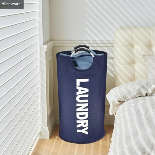 Image of Aliensware Laundry BasketXL 90L with aluminium Handles,Collapsible Laundry Bag Bin Hamper, Water Resistant Oxford cloth bag /Foldable /Clothes Storage Box /Storage Basket /Aliens-(79 X 38cm) Navy Blue