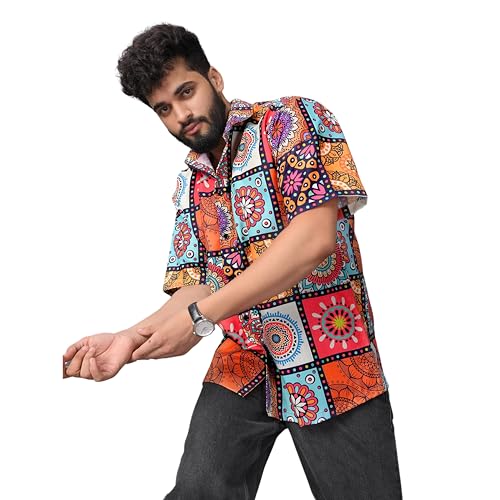 Image of Half Sleeve Relaxed Fit Men's Casual Shirt | Cotton Blend Oversized Shirts for Men Loose fit | Oversized Printed Shirts for Men | Men's Half Sleeve Relaxed Fit Shirt Fashion