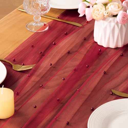 Image of MLMC Red Pearl Table Runner Boho Rustic Tulle Table Runner with Pearls 10ft 29 inchx120 inch Cheesecloth Table Decor for Wedding Bridal Shower Anniversary Home Decoration