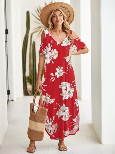 Image of BELAROI Womens Cold Shoulder Maxi Dress Plus Size V Neck Summer Sundresses with Pockets Beach Coverup Vacation Outfits