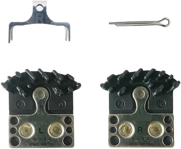 Underside view of two SPTBMDJ J02A disc brake pads, showing the metal backing plates and the resin/metal compound surface.